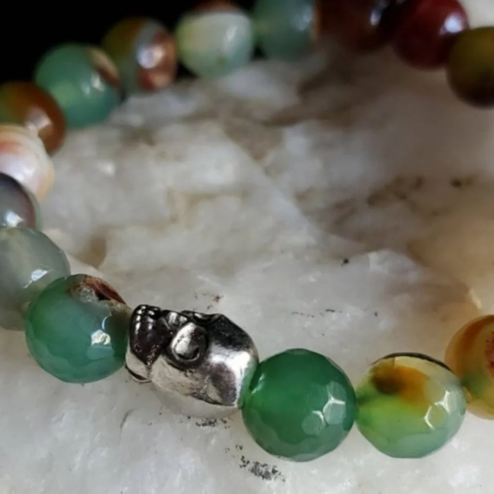 Genuine Agate Stones Human Rhodium/925 Silver Scall Head Bracelet